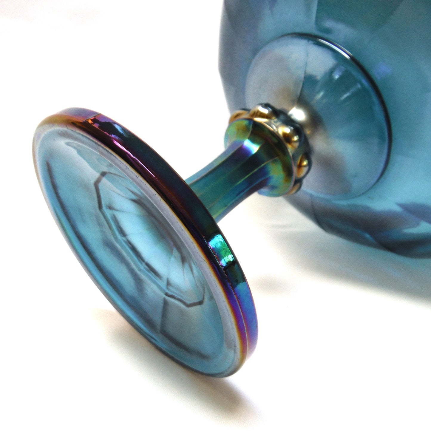 Vintage Iridescent Blue Carnival Glass Pedestal Compote Bowl, Unique & Wonky!