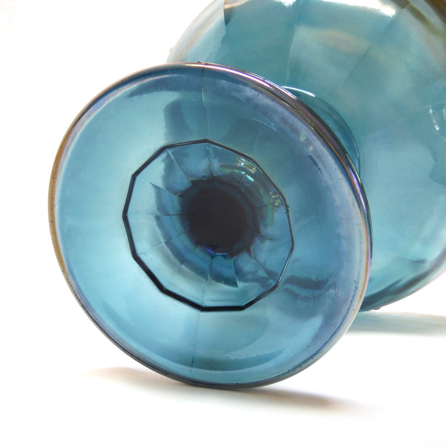 Vintage Iridescent Blue Carnival Glass Pedestal Compote Bowl, Unique & Wonky!