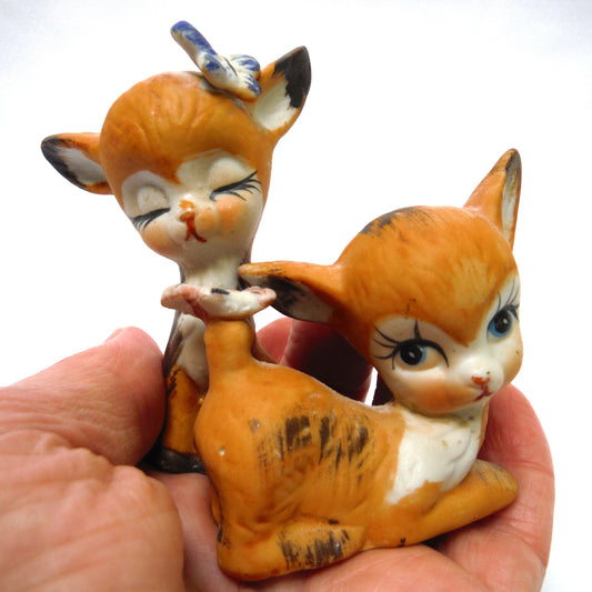 Mid Century Pair of Resting Baby Boy & Girl Fawns, Made in Taiwan