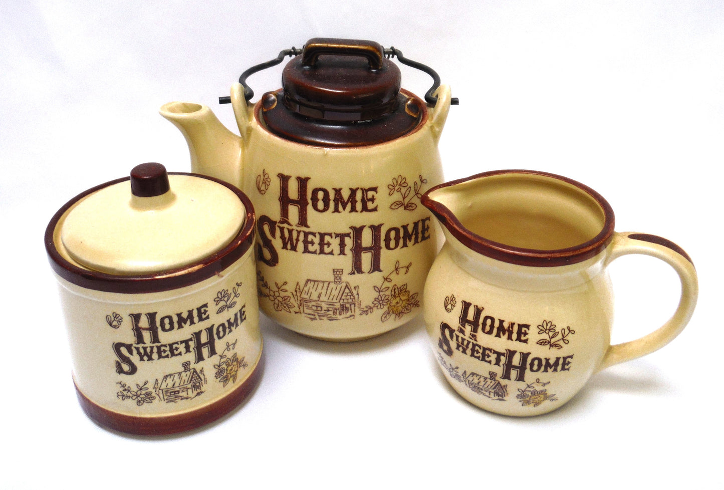 Mid Century RARE Tea, Cream & Sugar HOME SWEET HOME Crockery Pots, Made in Japan