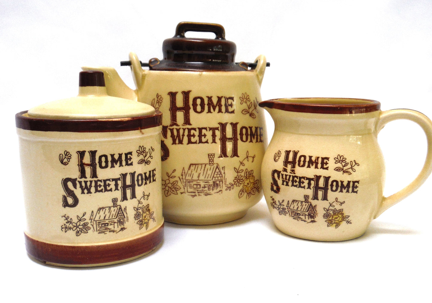 Mid Century RARE Tea, Cream & Sugar HOME SWEET HOME Crockery Pots, Made in Japan