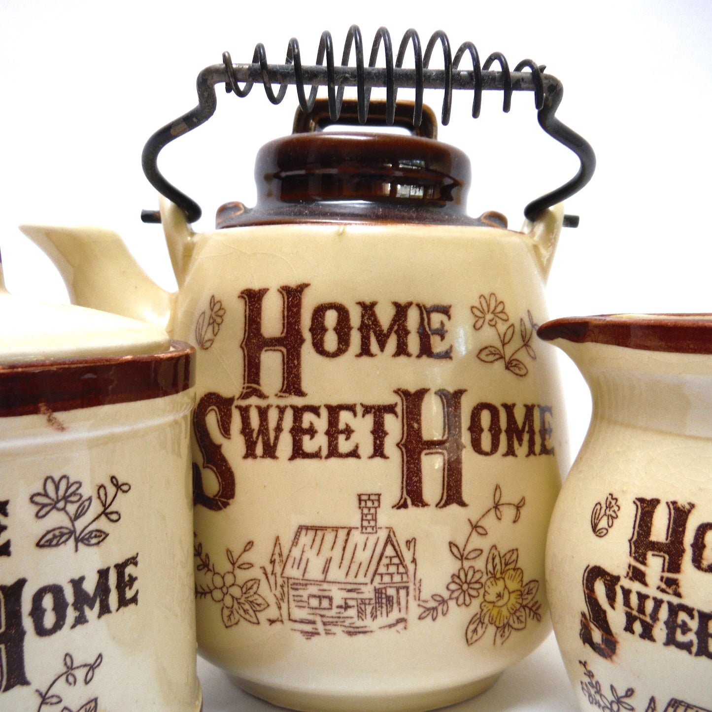 Mid Century RARE Tea, Cream & Sugar HOME SWEET HOME Crockery Pots, Made in Japan