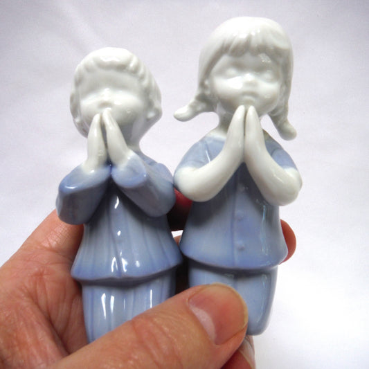 Mid Century PAIR of Ceramic Praying Boy & Girl Statues, Red Stamped Made in Japan