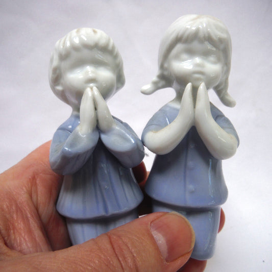 Mid Century PAIR of Ceramic Praying Boy & Girl Statues, Blue Stamped Made in Japan