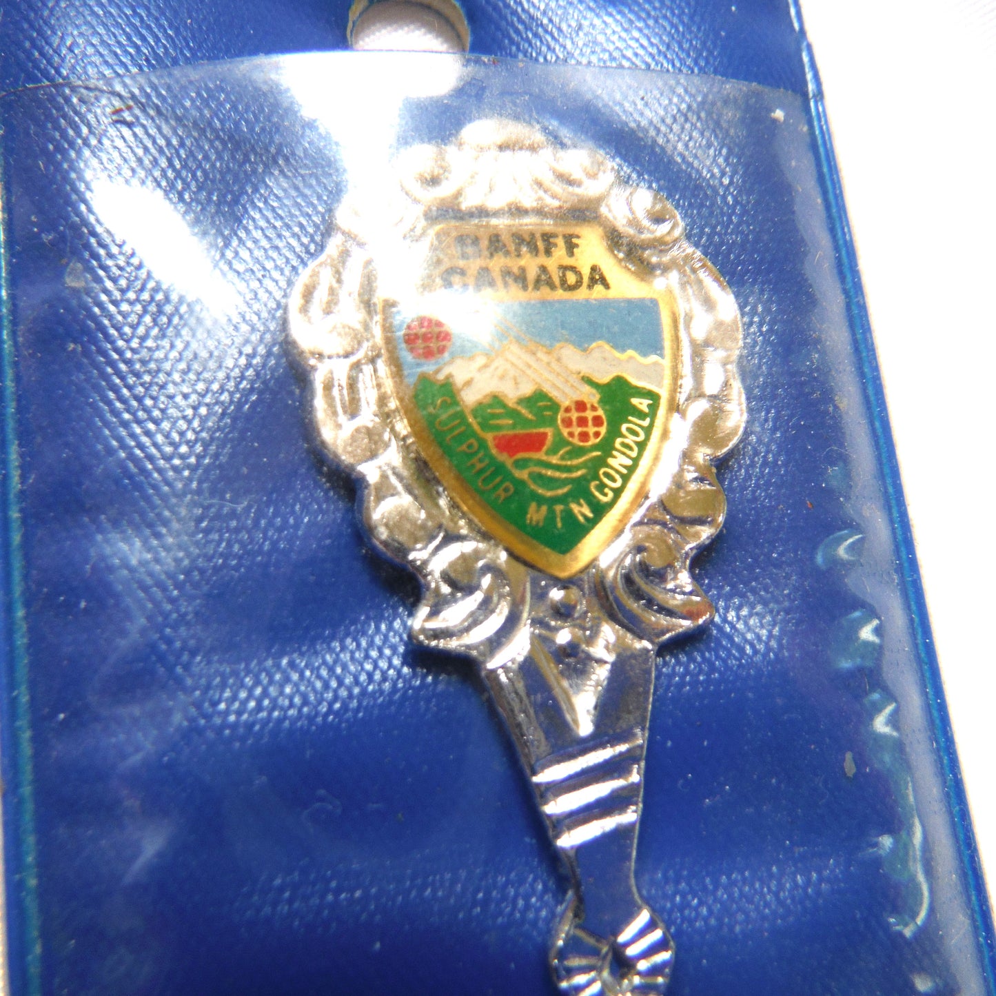 VINTAGE MINIATURE SPOON in original plastic pouch, Celebrating Sulphur Mountain Gondola, Banff Canada