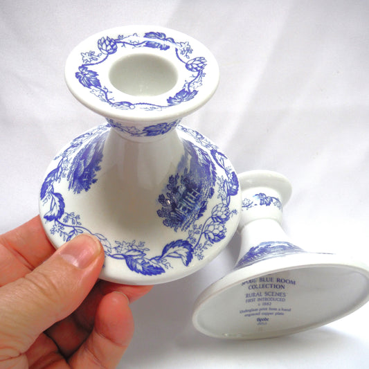 Pair of SPODE Blue Room Collection Candle Holders, in the Rural Scenes Design