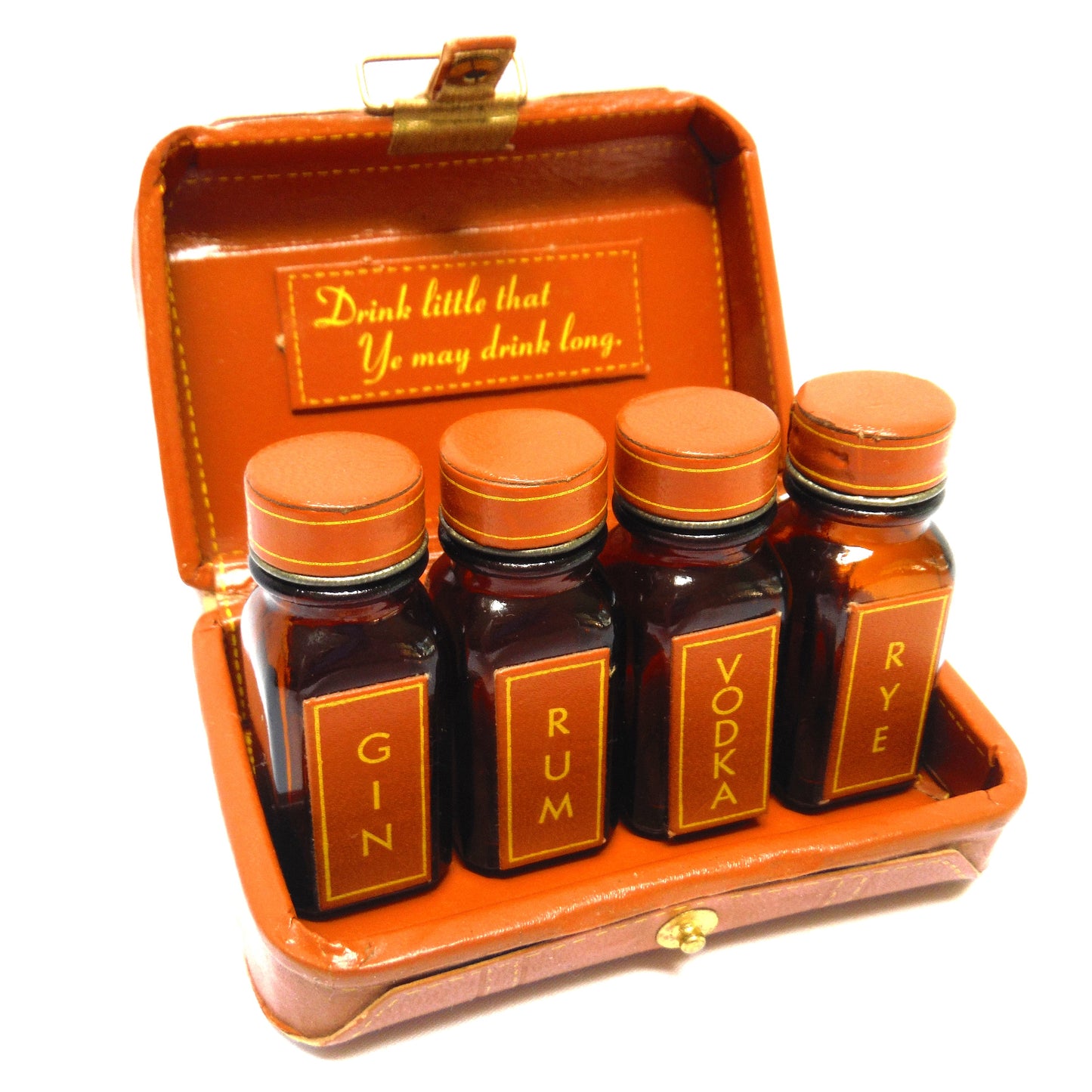 RARE Mid-Century Miniature Suitcase Bar from CASTLEGAR, BRITISH COLUMBIA, with 4 mini booze bottles, Hand Made in Canada