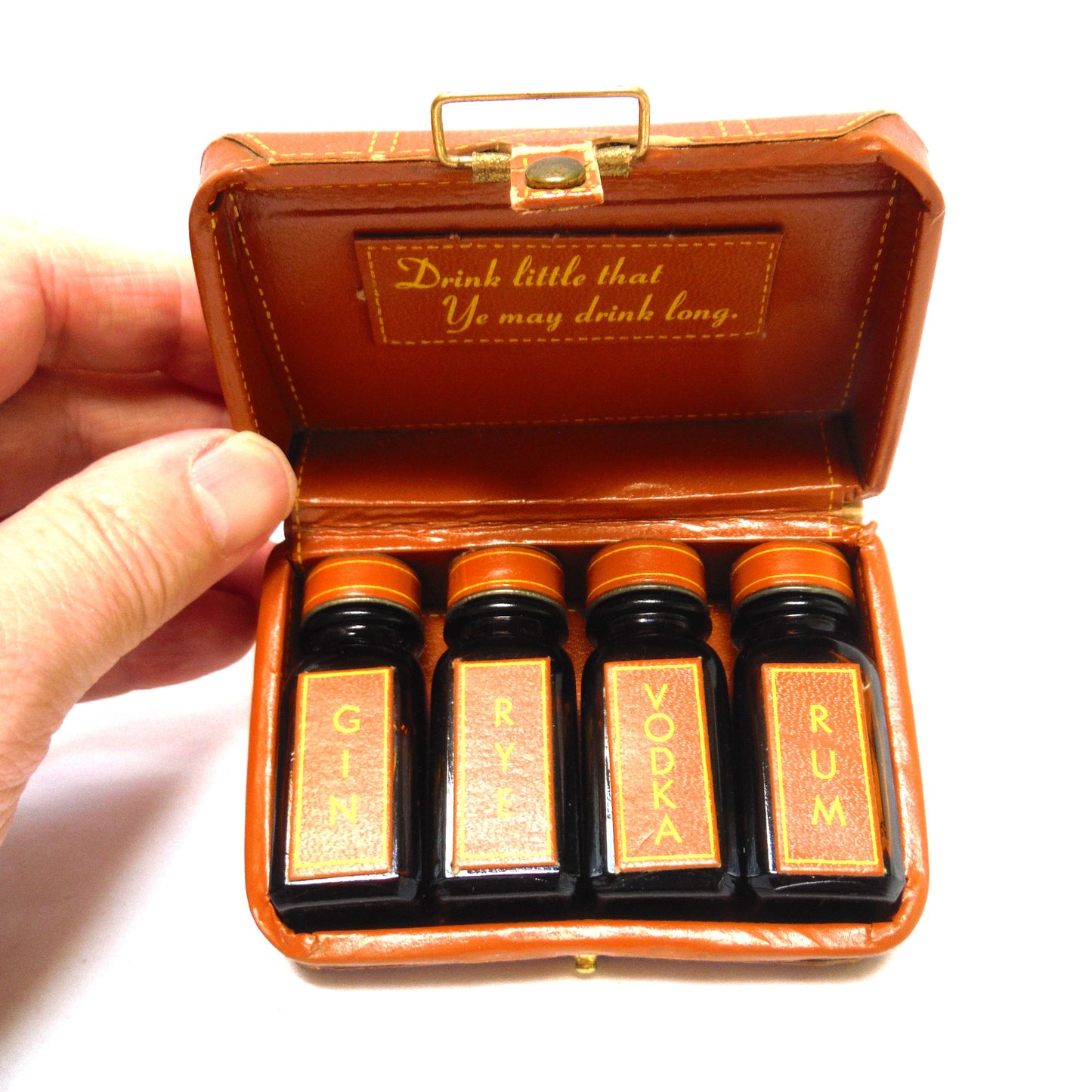 RARE Mid-Century Miniature Suitcase Bar from CASTLEGAR, BRITISH COLUMBIA, with 4 mini booze bottles, Hand Made in Canada