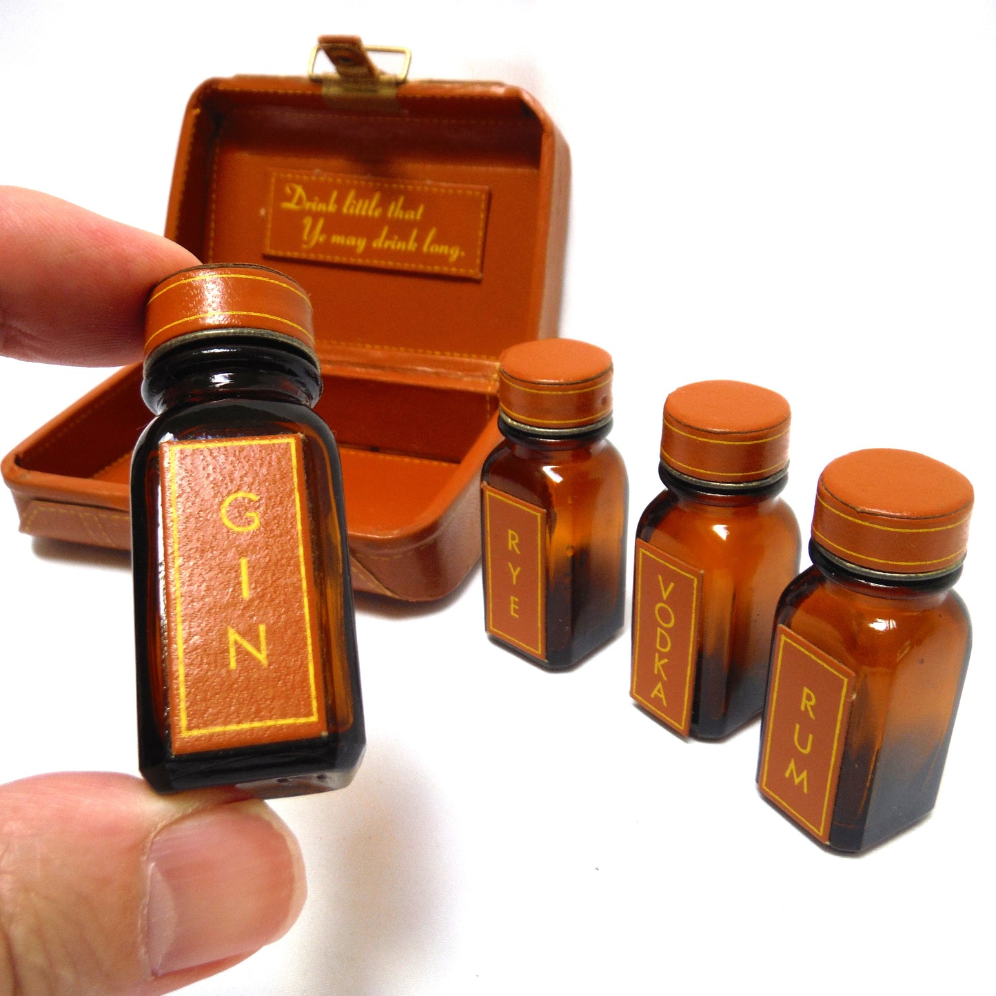 RARE Mid-Century Miniature Suitcase Bar from CASTLEGAR, BRITISH COLUMBIA, with 4 mini booze bottles, Hand Made in Canada