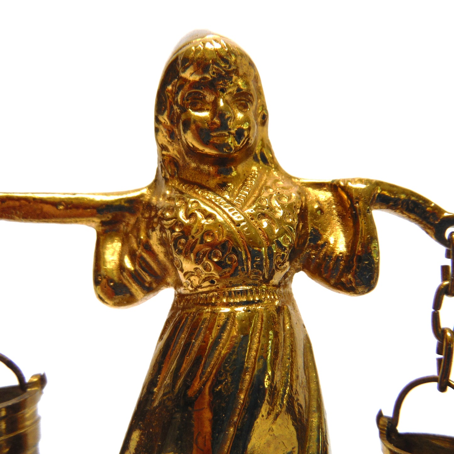 Pair of Antique Solid Brass Dutch Milk Carrier Statuettes on Wooden Bases, Traditional Dutch Costumes 1940’s