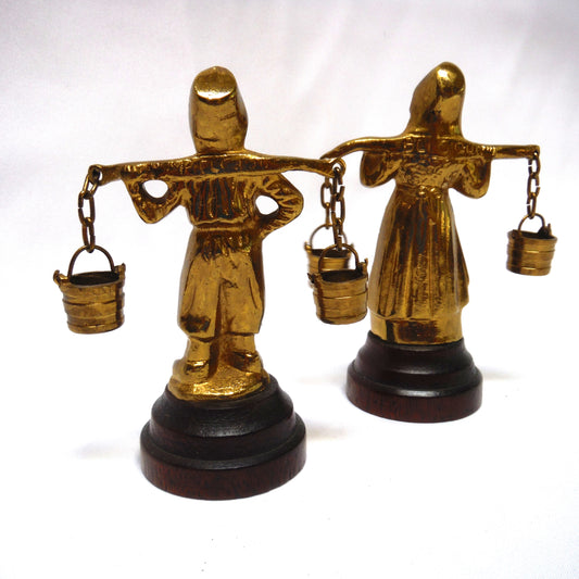 Pair of Antique Solid Brass Dutch Milk Carrier Statuettes on Wooden Bases, Traditional Dutch Costumes 1940’s