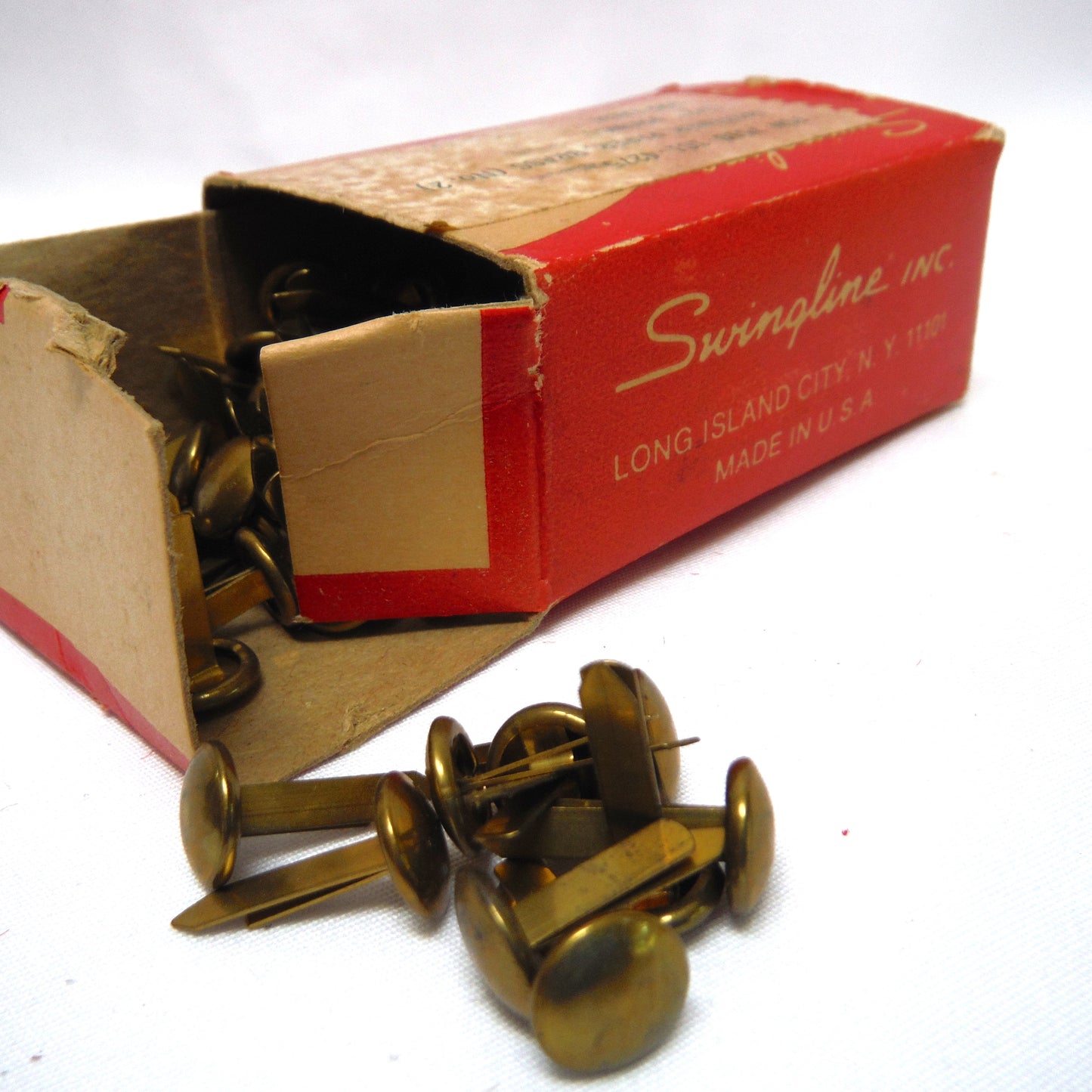 FASTENERS, Paper Brass (No. 2, with 1/2 inch prong) Vintage Box including original contents from Swingline Paper Fasteners USA!