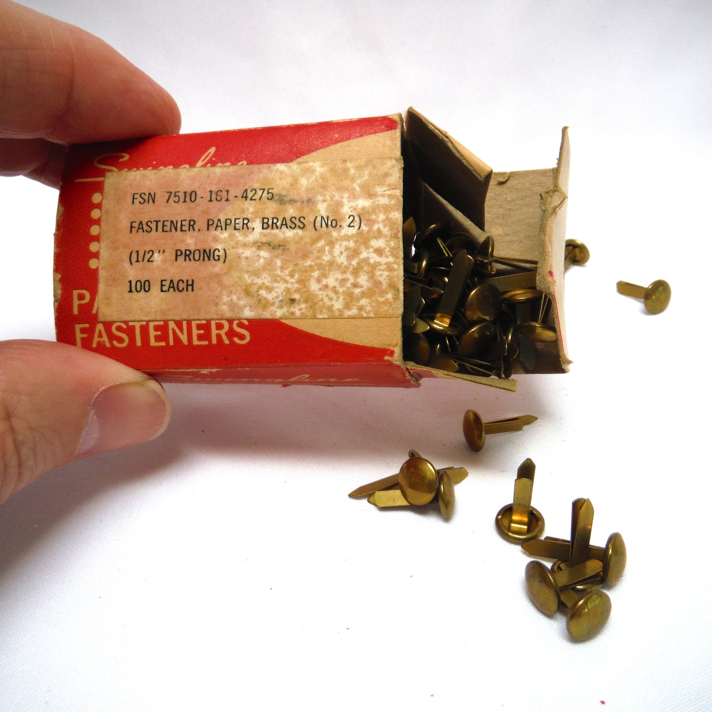 FASTENERS, Paper Brass (No. 2, with 1/2 inch prong) Vintage Box including original contents from Swingline Paper Fasteners USA!