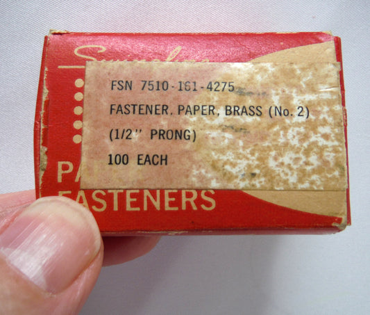 FASTENERS, Paper Brass (No. 2, with 1/2 inch prong) Vintage Box including original contents from Swingline Paper Fasteners USA!