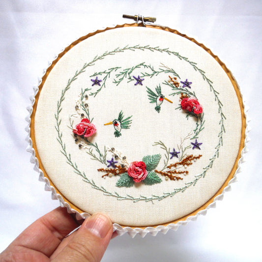 VINTAGE HAND-MADE DISPLAY NEEDLEPOINT: Three Roses and Two Hummingbirds