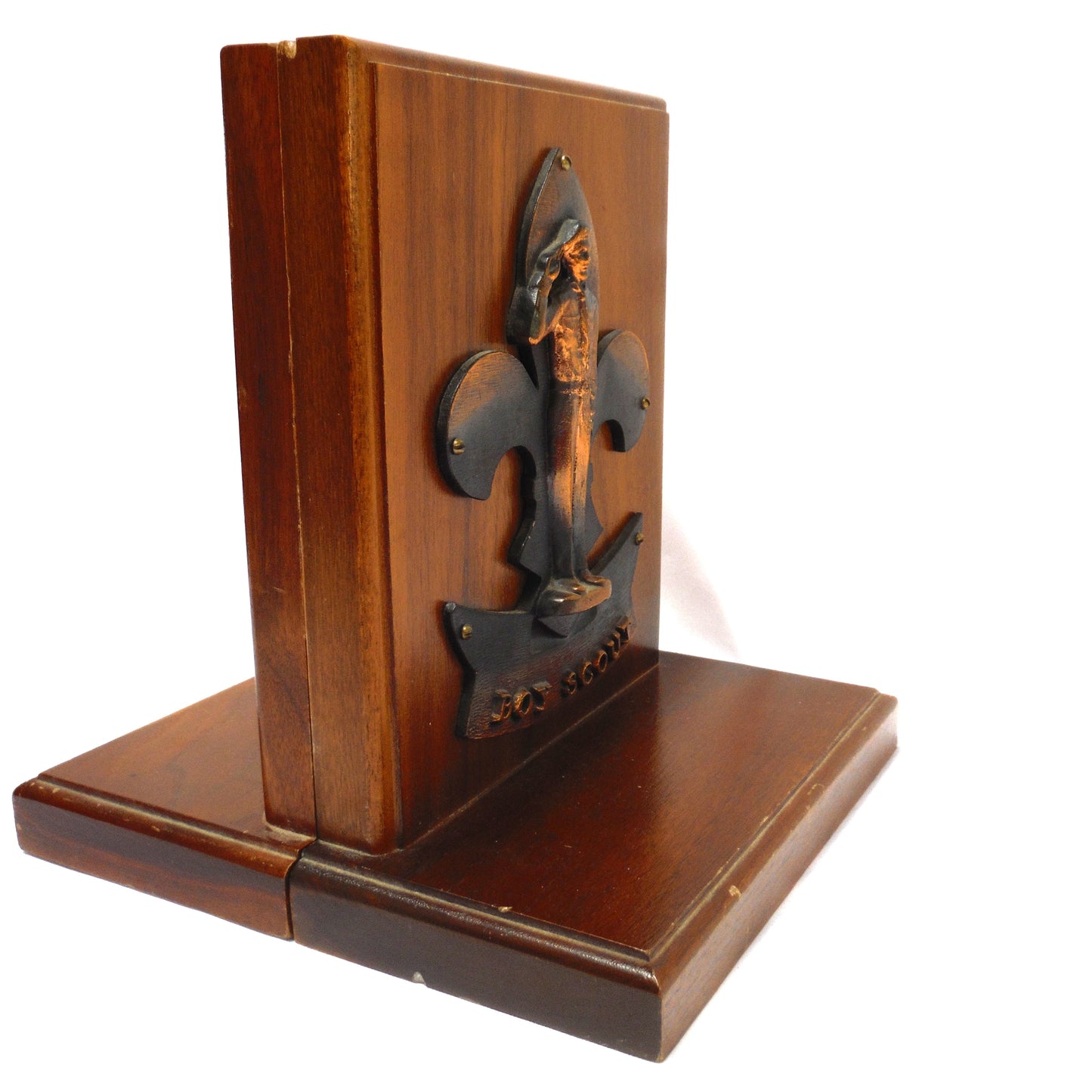 BOY SCOUTS Pair of Mid-Century Wood Bookends with Copper Cast 'Take The Salute' Boy Scout Logo