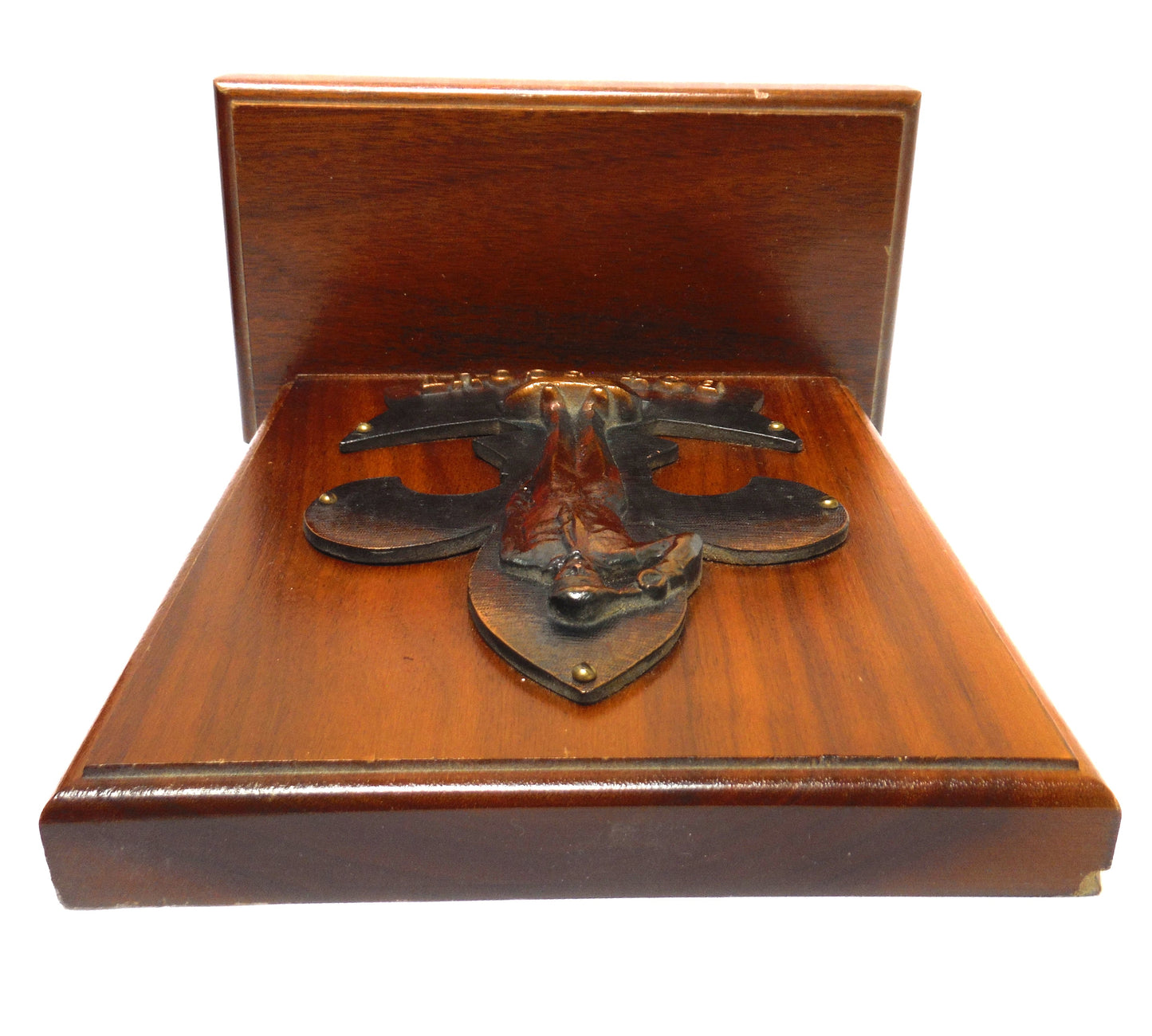 BOY SCOUTS Pair of Mid-Century Wood Bookends with Copper Cast 'Take The Salute' Boy Scout Logo
