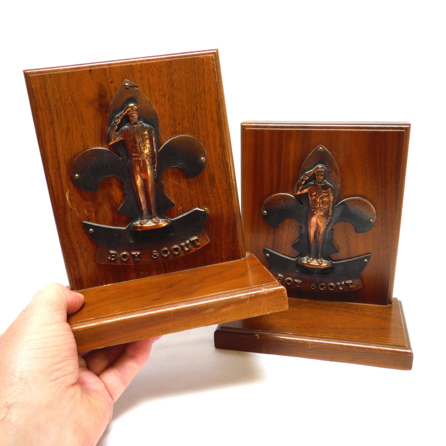 BOY SCOUTS Pair of Mid-Century Wood Bookends with Copper Cast 'Take The Salute' Boy Scout Logo