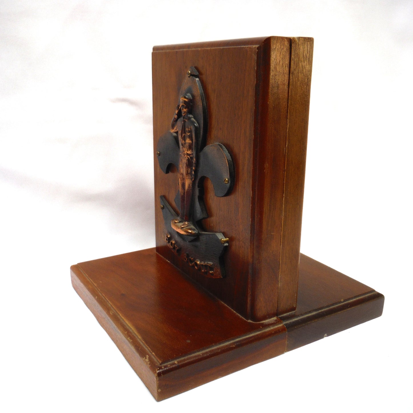 BOY SCOUTS Pair of Mid-Century Wood Bookends with Copper Cast 'Take The Salute' Boy Scout Logo