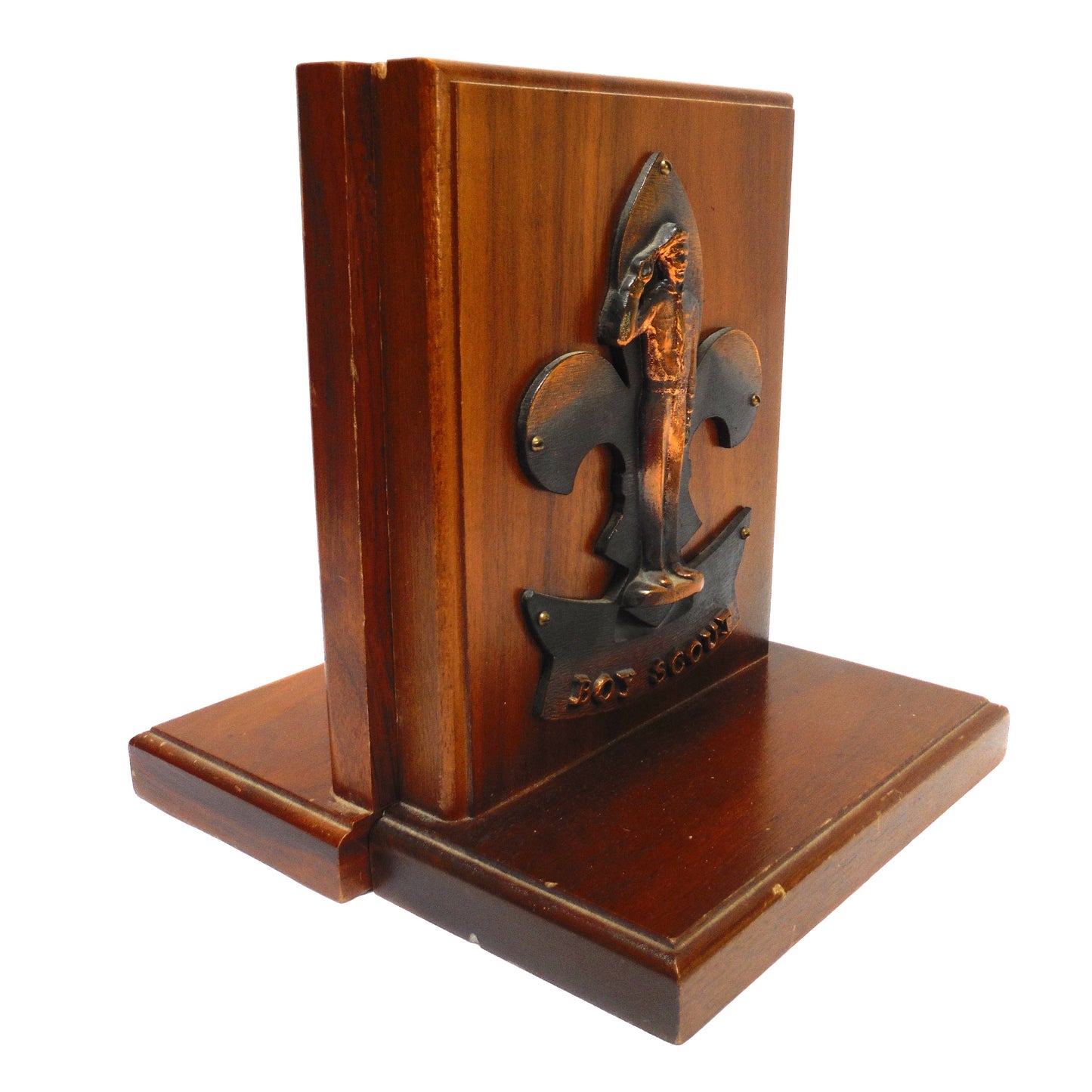 BOY SCOUTS Pair of Mid-Century Wood Bookends with Copper Cast 'Take The Salute' Boy Scout Logo