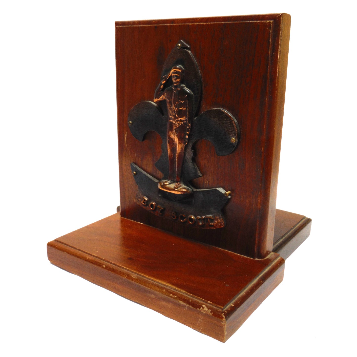 BOY SCOUTS Pair of Mid-Century Wood Bookends with Copper Cast 'Take The Salute' Boy Scout Logo