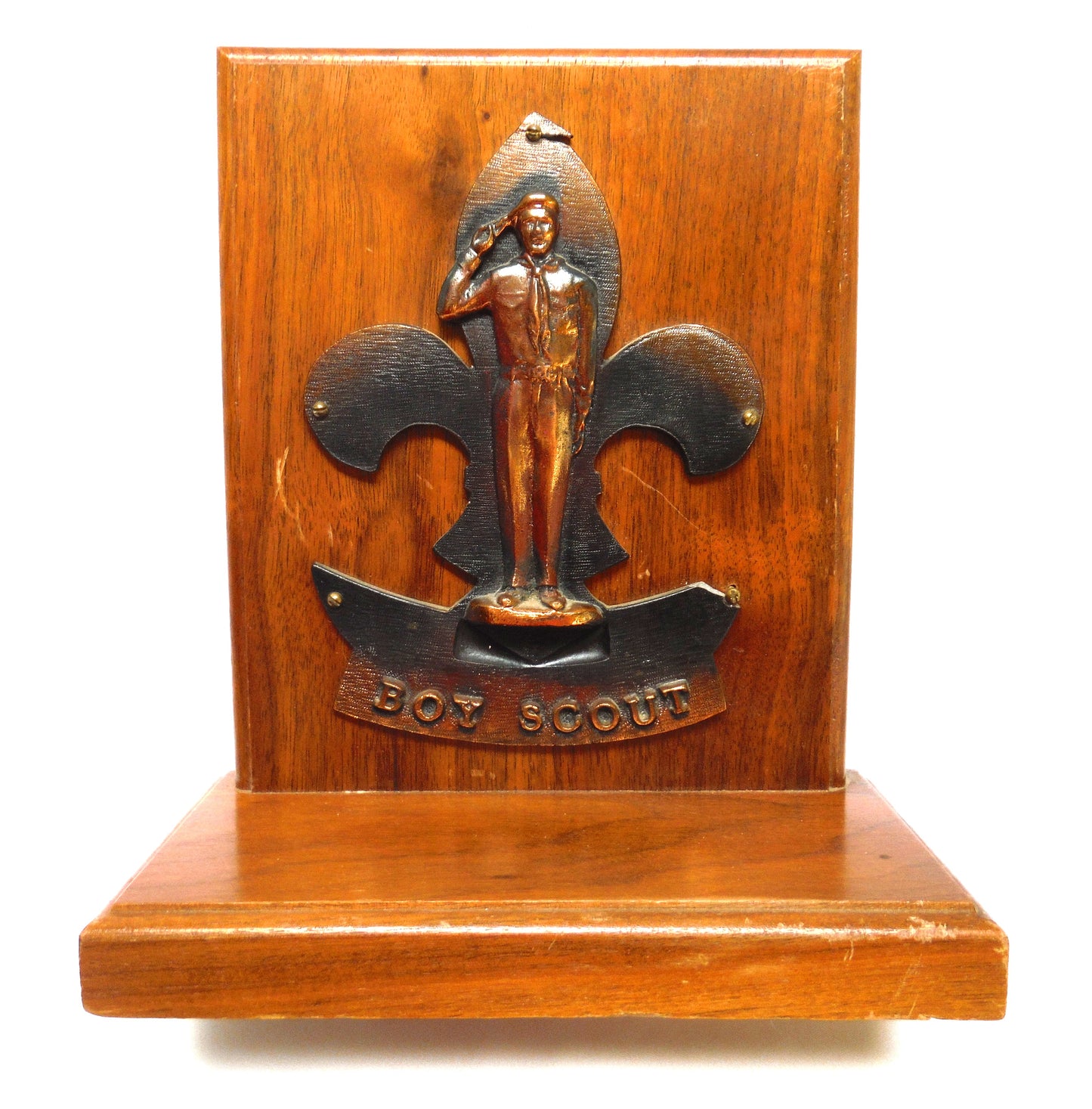 BOY SCOUTS Pair of Mid-Century Wood Bookends with Copper Cast 'Take The Salute' Boy Scout Logo
