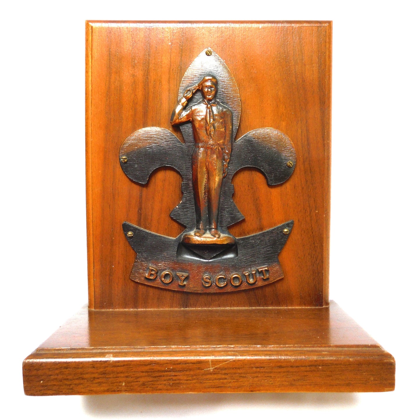 BOY SCOUTS Pair of Mid-Century Wood Bookends with Copper Cast 'Take The Salute' Boy Scout Logo