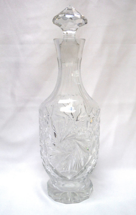 HEAVY TALL CUT-GLASS AMERICAN CRYSTAL WHISKEY DECANTER With Glass Stopper, Mid Century 'Spin-wheel' Design.