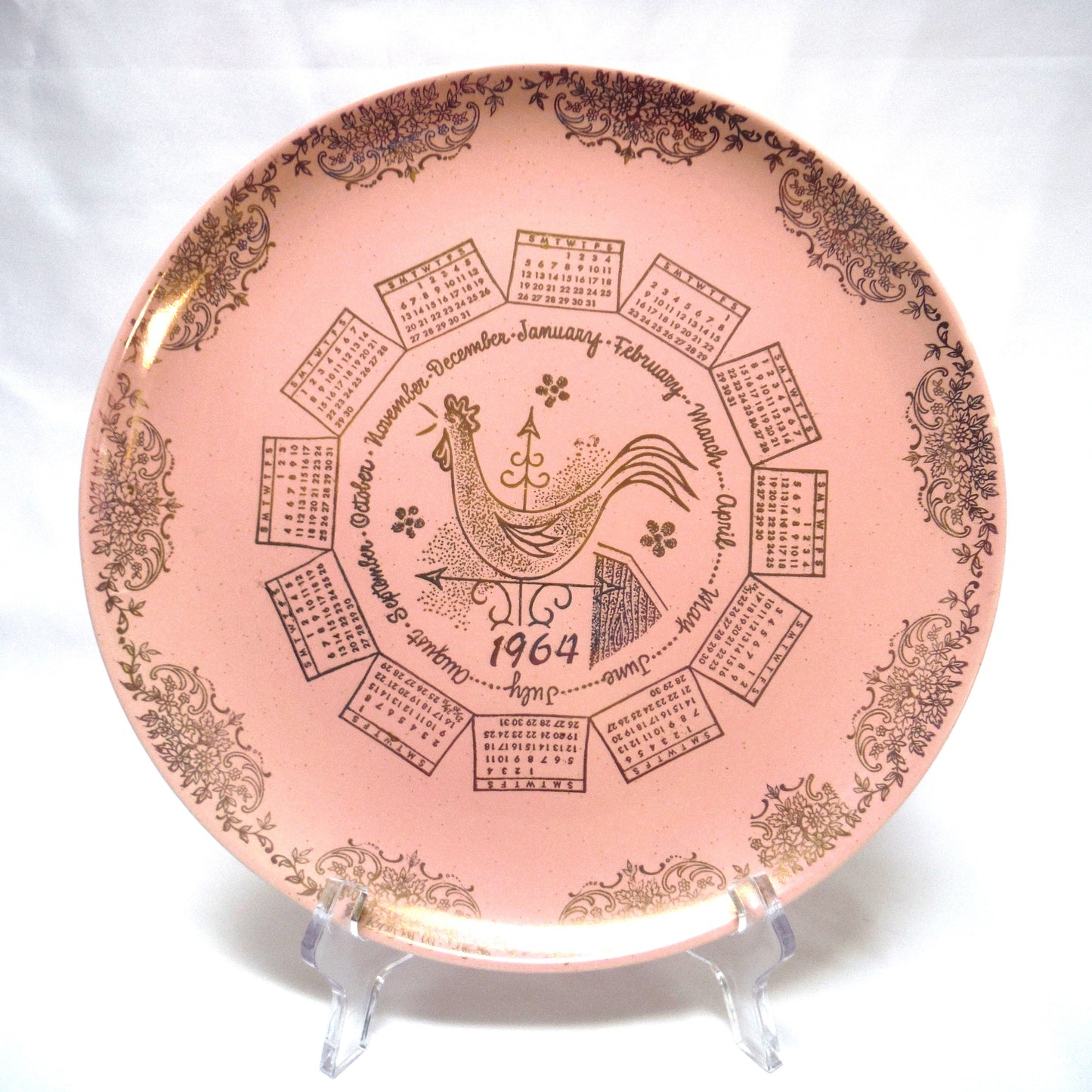 1964 Rare 'Barbie-Like' 10 inch Pink Taylor-Smith-Taylor Pebbleford Calendar Plate from Harburgers Jewelers of Cleveland, Ohio