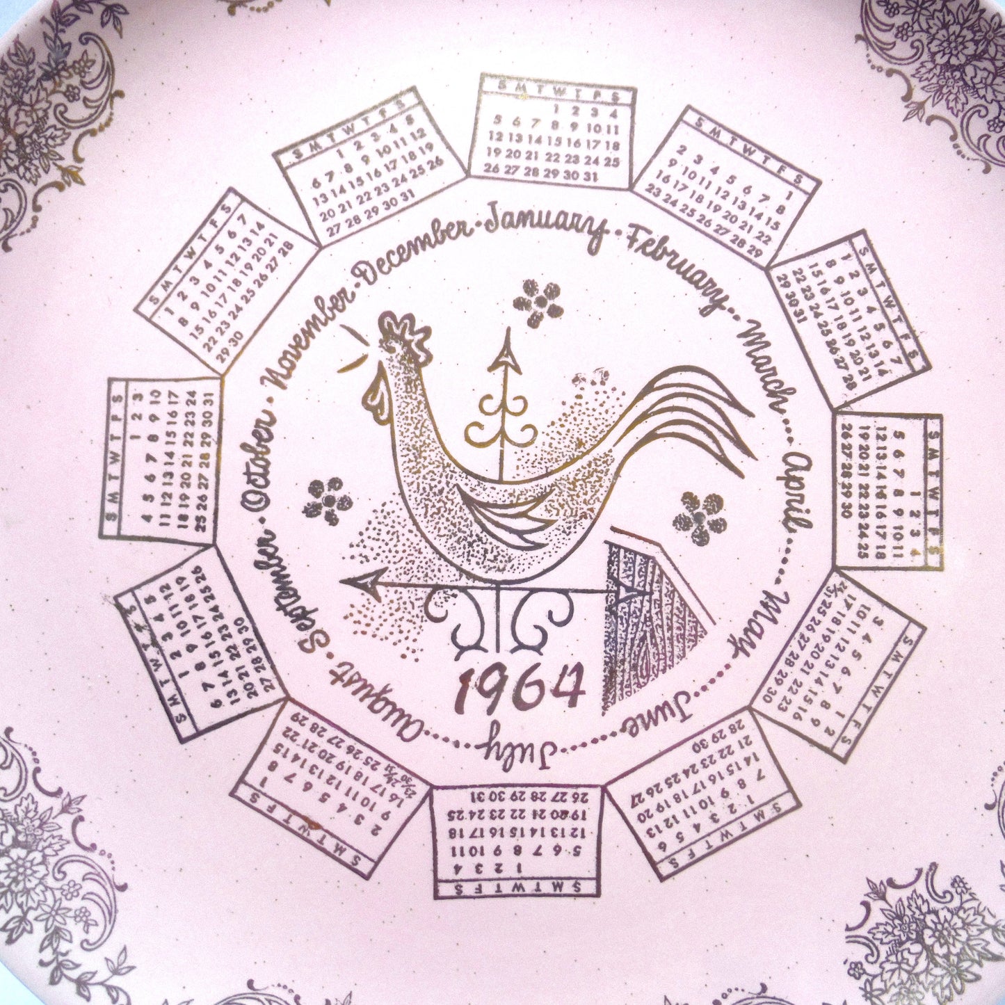 1964 Rare 'Barbie-Like' 10 inch Pink Taylor-Smith-Taylor Pebbleford Calendar Plate from Harburgers Jewelers of Cleveland, Ohio