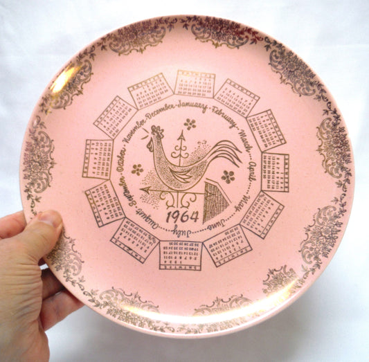 1964 Rare 'Barbie-Like' 10 inch Pink Taylor-Smith-Taylor Pebbleford Calendar Plate from Harburgers Jewelers of Cleveland, Ohio