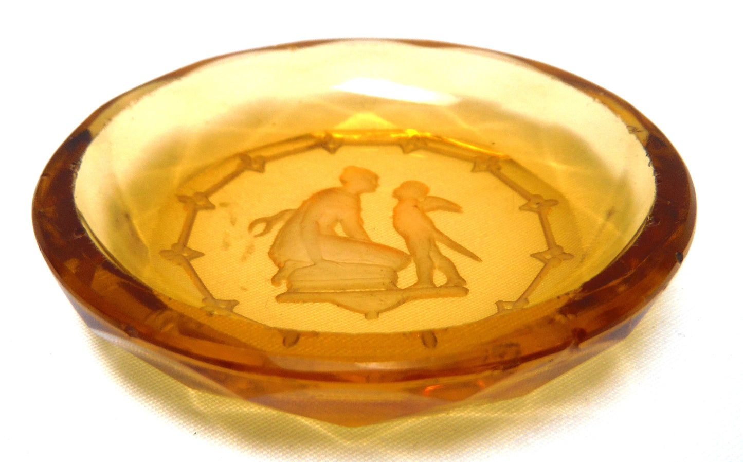 Miniature Vintage Amber Glass Trinket Tray: 'MOTHER AND ANGEL CHILD'