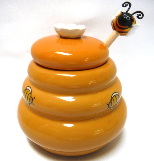 Vintage BEE HIVE Covered Honey Bowl, and the original wooden honey spoon!