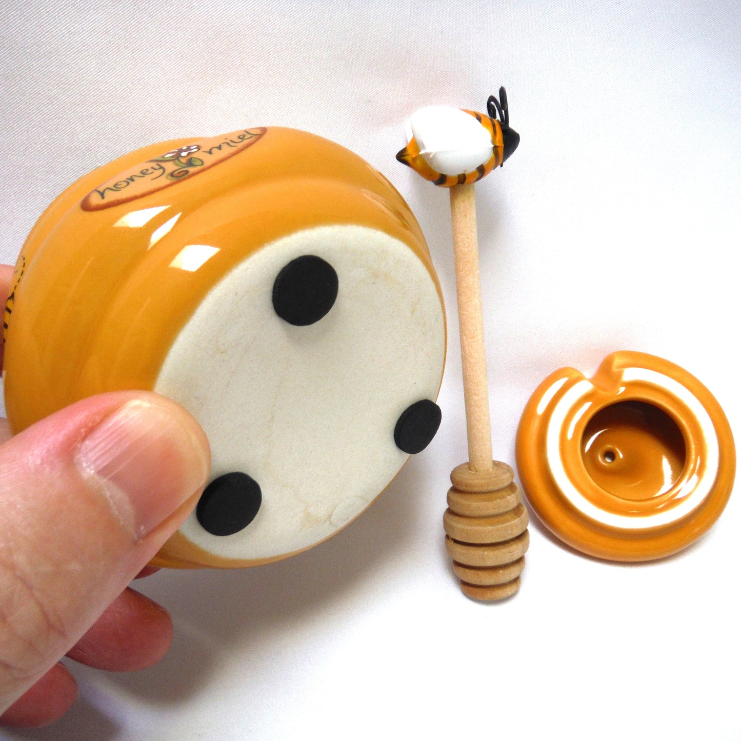 Vintage BEE HIVE Covered Honey Bowl, and the original wooden honey spoon!