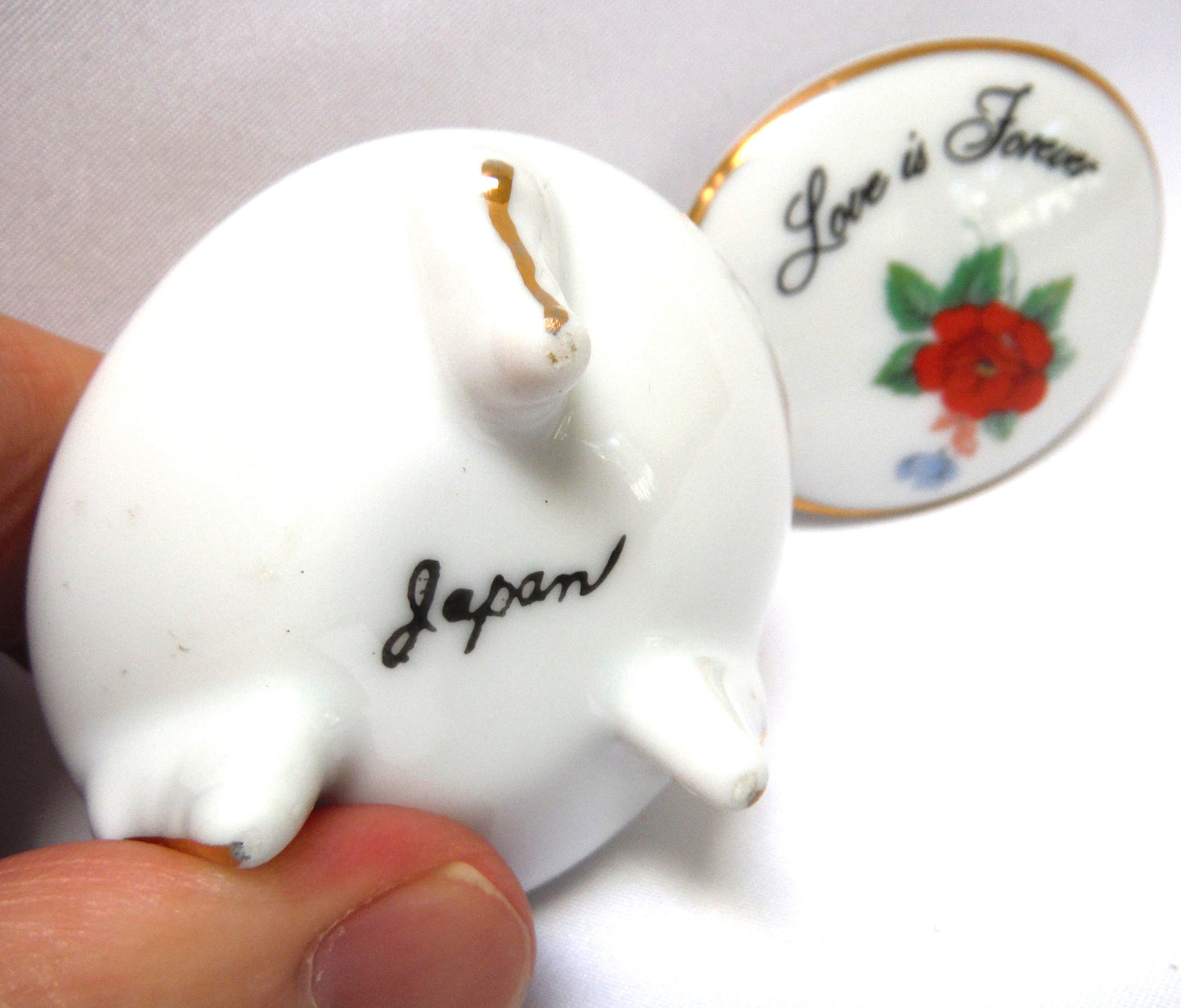 Miniature 3-Legged Removable Lid White Porcelain Trinket Container: 'LOVE IS FOREVER' Vintage Japan!
