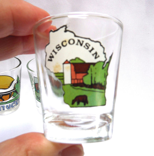 Vintage 1970's American Colour-Imprinted Liquor Shot Glasses: KENTUCKY, NORTH DAKOTA, or WISCONSIN (Individually Priced)