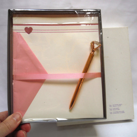 VINTAGE WRITING SET: Hallmark Canada Set of 16 each Decorated Sheet, Plain Sheet and Coloured Envelope Writing Set with Rose-Gold-Coloured-Jewel-Tipped Writing Pen