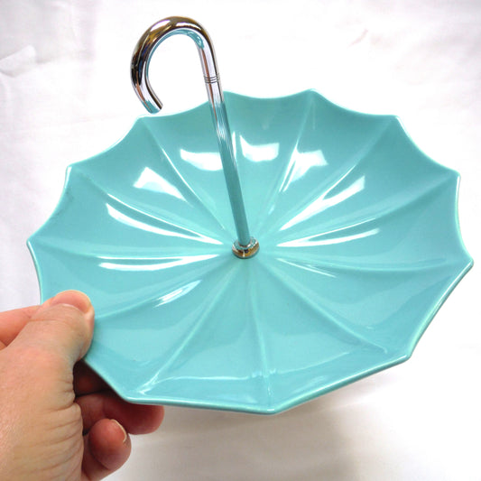 Mid Century MIDWINTER MODERN Fashion Shape Serving Dish with Curved Silver Handle: 'THE TURQUOISE UPSIDE-DOWN UMBRELLA'