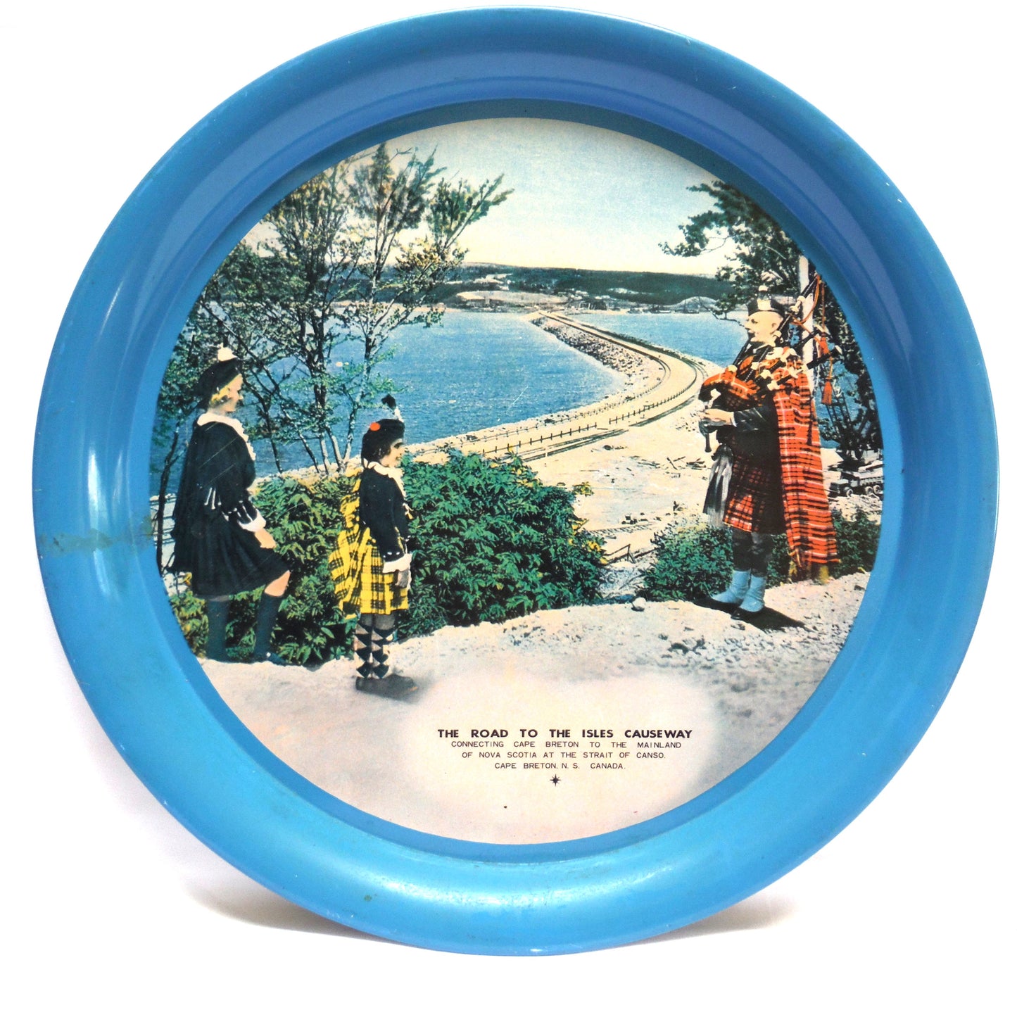 Large 1950's Tin Serving Tray: THE ROAD TO THE ISLES CAUSEWAY, Cape Breton, Nova Scotia, Made in Japan