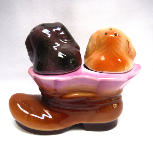 Vintage Japanese Ceramic Salt and Pepper Shaker: 'TWO PUPPY DOGS IN AN OLD BOOT'