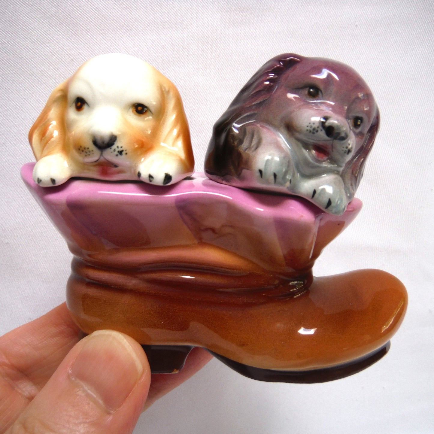 Vintage Japanese Ceramic Salt and Pepper Shaker: 'TWO PUPPY DOGS IN AN OLD BOOT'
