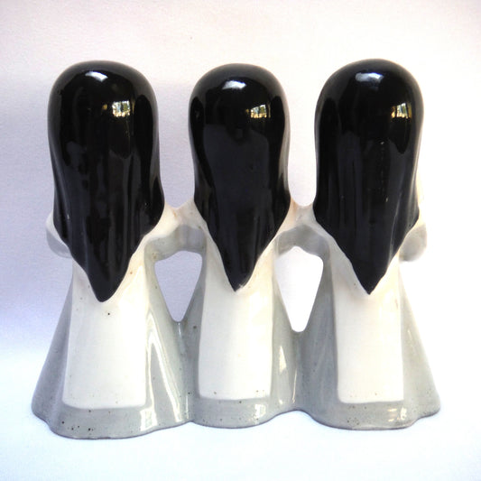 THREE NUNS SINGING, PRAYING, HYMNAL BOOKS, An Antique Ceramic Heavenly Triple-Figurine