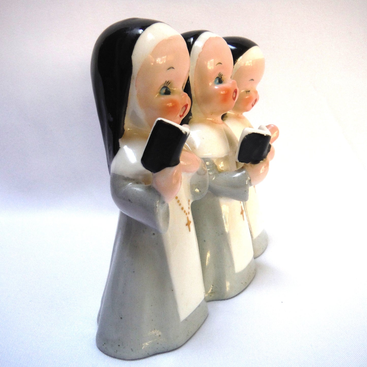 THREE NUNS SINGING, PRAYING, HYMNAL BOOKS, An Antique Ceramic Heavenly Triple-Figurine
