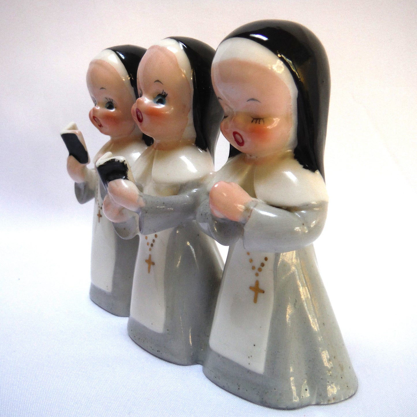 THREE NUNS SINGING, PRAYING, HYMNAL BOOKS, An Antique Ceramic Heavenly Triple-Figurine