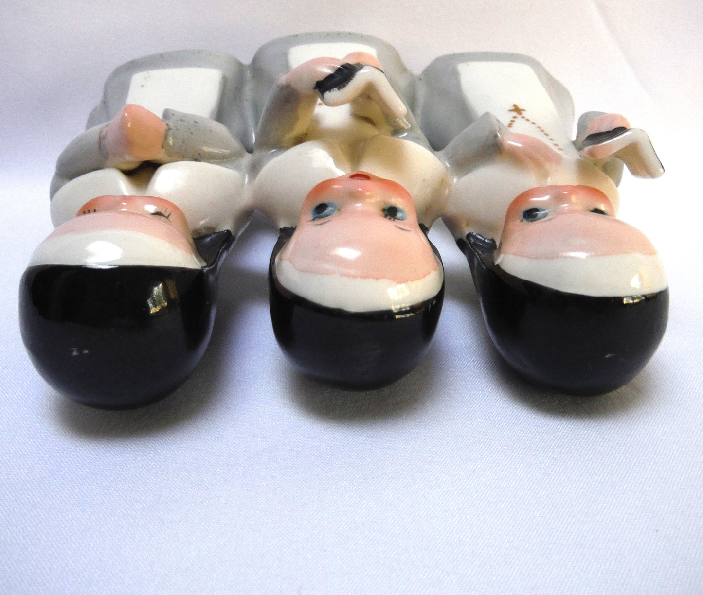 THREE NUNS SINGING, PRAYING, HYMNAL BOOKS, An Antique Ceramic Heavenly Triple-Figurine