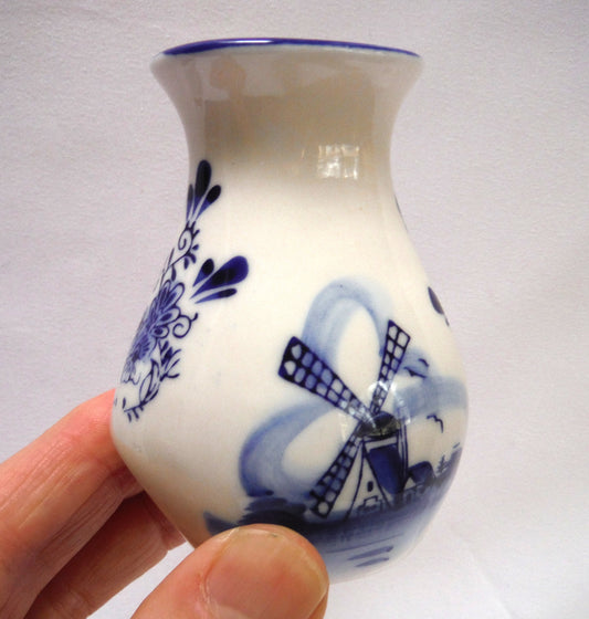 Vintage Hand Painted Delfts Blue Miniature VASE, with Windmill Country Scene