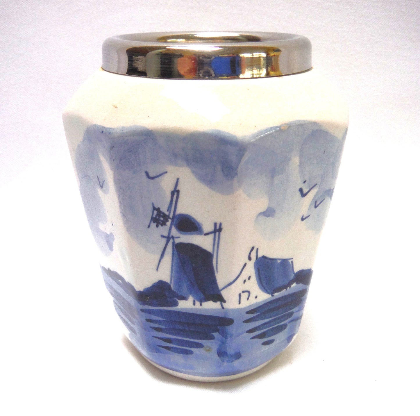 Vintage Hand Painted Delfts Blue Silver-Rimmed Eight-Sided Mini Vase: TRADITIONAL HOLLAND SCENE