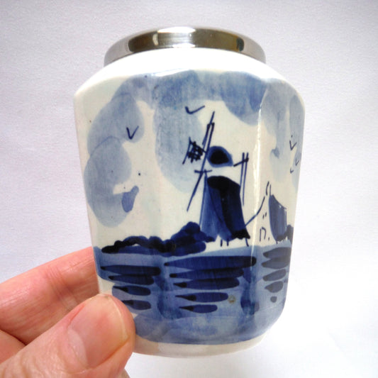 Vintage Hand Painted Delfts Blue Silver-Rimmed Eight-Sided Mini Vase: TRADITIONAL HOLLAND SCENE