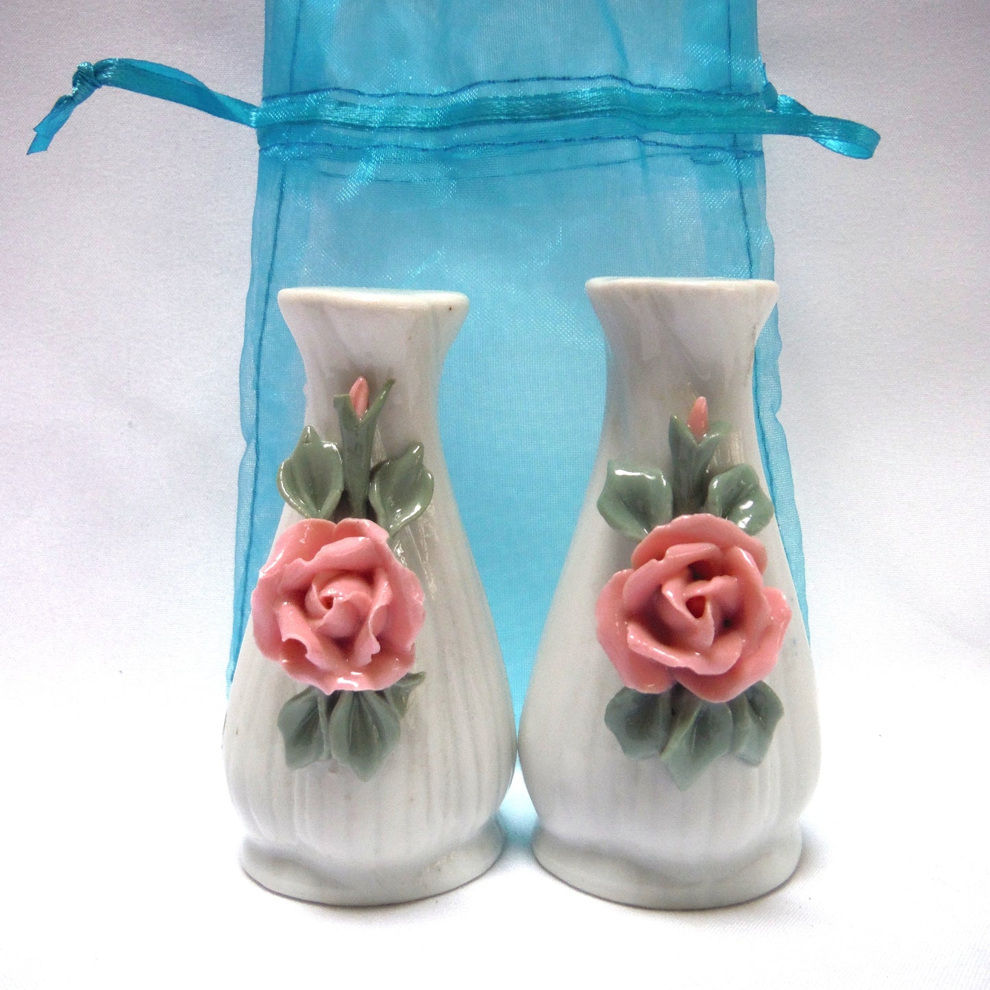Mid-Century SALT & PEPPER SHAKERS in Gloss White Ceramic Finish with Stunning Pink 3-D Flower Bouquets