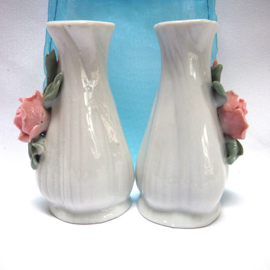 Mid-Century SALT & PEPPER SHAKERS in Gloss White Ceramic Finish with Stunning Pink 3-D Flower Bouquets
